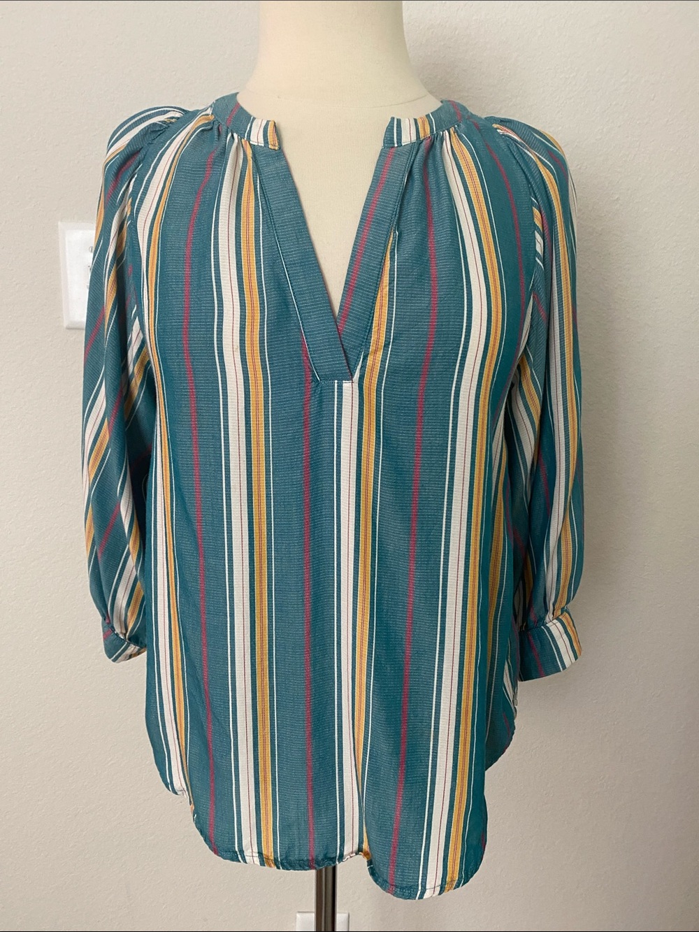 Anthropologie Teal Striped V-Neck Tunic with Mustard and White Accents